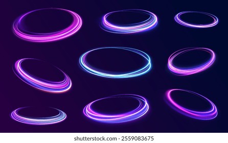 Curve light effect of neon line. Png luminous neon circle. Light neon pedistal, podium, platform, table. To center a bright flash, png, effect, wave,neon,line.