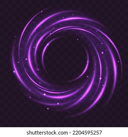 Curve light effect of purple line. Luminous violet circle or twirl. Glitter light of fire flare trace or magic particles sparkles. Neon moving curls swirl. Power energy glowing ring trail. Vector