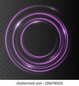 Curve light effect of purple line. Luminous violet circle or twirl. Glitter light of fire flare trace or magic particles sparkles. Neon moving curls swirl. Power energy glowing ring trail. Vector