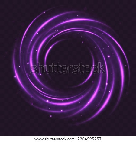 Curve light effect of purple line. Luminous violet circle or twirl. Glitter light of fire flare trace or magic particles sparkles. Neon moving curls swirl. Power energy glowing ring trail. Vector