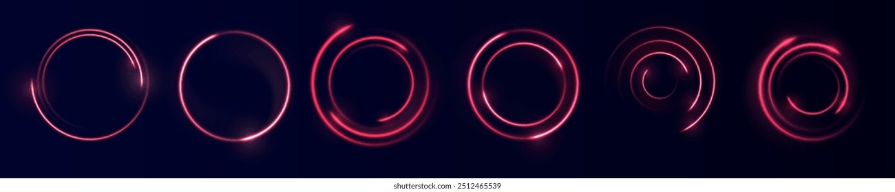 Curve light effect of red line. Twirl line curve light effect. Abstract ring background with glowing swirled background. Round frame. Red line curve light effect. Glowing red circle portal, platform.