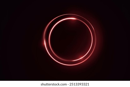 Curve light effect of red line. Twirl line curve light effect. Abstract ring background with glowing swirled background. Round frame. Red line curve light effect. Glowing red circle portal, platform.