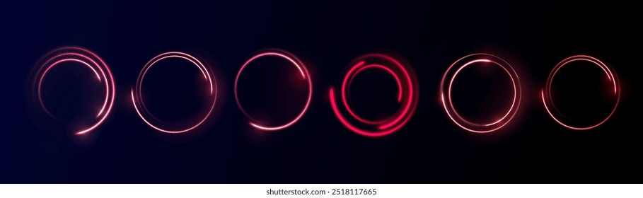 Curve light effect of red line. Twirl line curve light effect. Abstract ring background with glowing swirled background. Round frame. Red line curve light effect. Glowing red circle portal, platform.