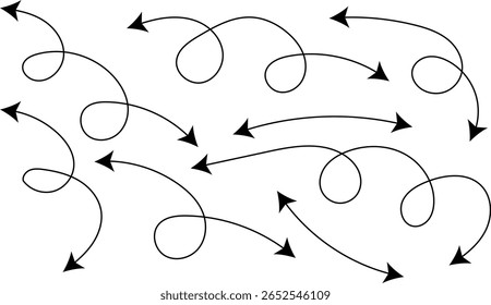 Doppelseitiger Kurvenlinienpfeil. Spirale gepunktete Linie Pfeil. Skizzieren Sie gekrümmte gestrichelte Pfeile. gekrümmte, handgezeichnete Pfeile. Zigzag Pfeilstreifen Design mit gepunkteten Linien.