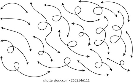 seta de linha de curva lado duplo definido. Seta em linha pontilhada em espiral. Desenho curvo pontilhado setas design. curvo mão desenhado setas. Seta em ziguezague listras design com linhas pontilhadas.