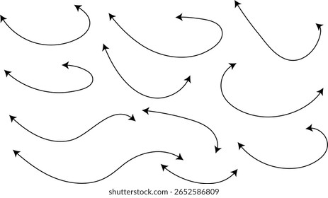 Seta de linha de curva definida de lado duplo. Seta em linha pontilhada em espiral. Seta em ziguezague listras design com linhas pontilhadas. curvas setas desenhadas à mão. Design de setas tracejadas de esboço
