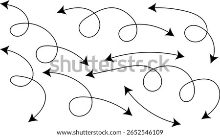 curve line arrow double side set. Spiral dotted line arrow. Sketch curved dashed arrows design. curved hand drawn arrows. Zigzag arrow stripes design with dotted lines.