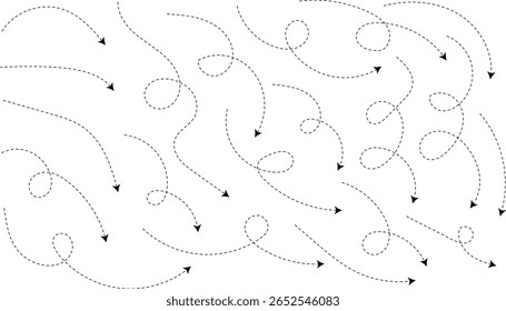 Setas de linha de curva. Desenho à mão linha rabiscar. sinal de ponteiros curvos. Esboço de sinalética tracejada curva mostrando um caminho complexo confuso
