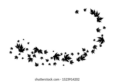 Curve line from flying maple leaves. Vector decoration from scattered elements. Monochrome isolated silhouette. Conceptual illustration.