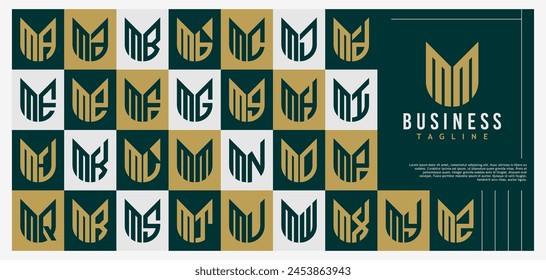 Curve line shield letter M MM initial logo design bundle