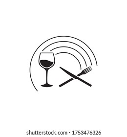 curve line wineglass with crossed knife and fork logo design concept	