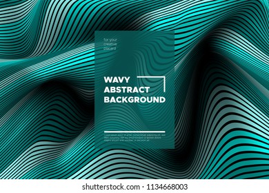 Curve Lines Background. Vector Abstraction with Turquoise Distorted Stripes. Flow of Waves. Movement of 3d Striped Texture. Trendy Wave Template. Curve Lines Background for Design, Covers, Brochure.