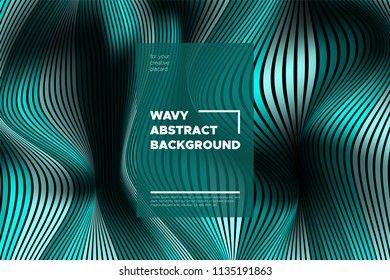 Curve Lines Background. Vector Abstraction with Turquoise Distorted Stripes. Flow of Waves. Movement of 3d Striped Texture. Trendy Wave Template. Curve Lines Background for Design, Covers, Brochure.