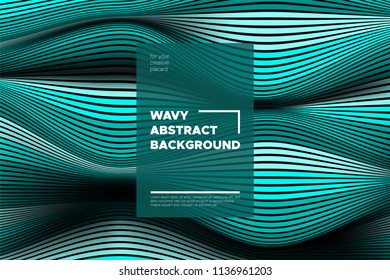 Curve Lines Background. Vector Abstraction with Turquoise Distorted Stripes. Flow of Waves. Movement of 3d Striped Texture. Trendy Wave Template. Curve Lines Background for Design, Covers, Brochure.