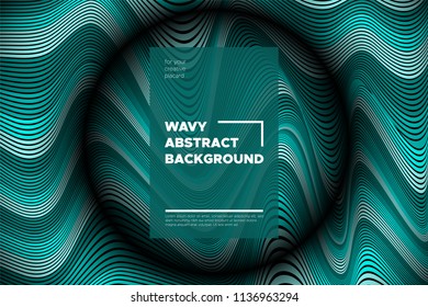 Curve Lines Background. Vector Abstraction with Turquoise Distorted Stripes. Flow of Waves. Movement of 3d Striped Texture. Trendy Wave Template. Curve Lines Background for Design, Covers, Brochure.
