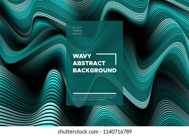 Curve Lines Background. Vector Abstraction with Turquoise Distorted Stripes. Flow of Waves. Movement of 3d Striped Texture. Trendy Wave Template. Curve Lines Background for Design, Covers, Brochure.