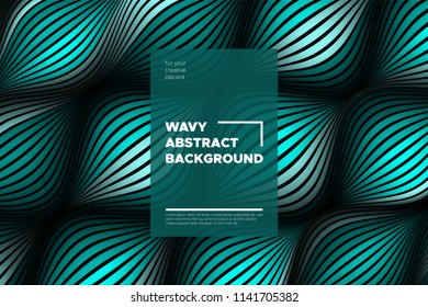 Curve Lines Background. Vector Abstraction with Turquoise Distorted Stripes. Flow of Waves. Movement of 3d Striped Texture. Trendy Wave Template. Curve Lines Background for Design, Covers, Brochure.