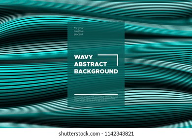 Curve Lines Background. Vector Abstraction with Turquoise Distorted Stripes. Flow of Waves. Movement of 3d Striped Texture. Trendy Wave Template. Curve Lines Background for Design, Covers, Brochure.