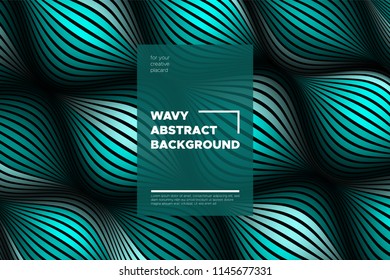 Curve Lines Background. Vector Abstraction with Turquoise Distorted Stripes. Flow of Waves. Movement of 3d Striped Texture. Trendy Wave Template. Curve Lines Background for Design, Covers, Brochure.