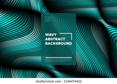Curve Lines Background. Vector Abstraction with Turquoise Distorted Stripes. Flow of Waves. Movement of 3d Striped Texture. Trendy Wave Template. Curve Lines Background for Design, Covers, Brochure.