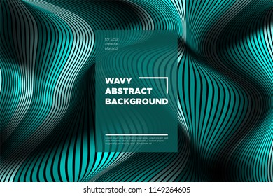 Curve Lines Background. Vector Abstraction with Turquoise Distorted Stripes. Flow of Waves. Movement of 3d Striped Texture. Trendy Wave Template. Curve Lines Background for Design, Covers, Brochure.
