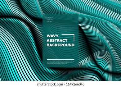 Curve Lines Background. Vector Abstraction with Turquoise Distorted Stripes. Flow of Waves. Movement of 3d Striped Texture. Trendy Wave Template. Curve Lines Background for Design, Covers, Brochure.