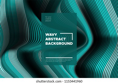 Curve Lines Background. Vector Abstraction with Turquoise Distorted Stripes. Flow of Waves. Movement of 3d Striped Texture. Trendy Wave Template. Curve Lines Background for Design, Covers, Brochure.