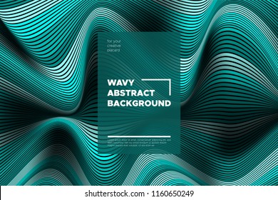 Curve Lines Background. Vector Abstraction with Turquoise Distorted Stripes. Flow of Waves. Movement of 3d Striped Texture. Trendy Wave Template. Curve Lines Background for Design, Covers, Brochure.