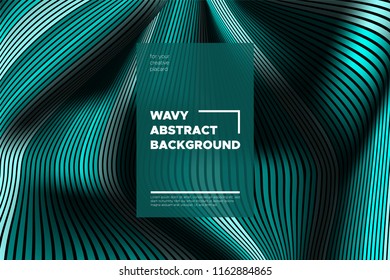 Curve Lines Background. Vector Abstraction with Turquoise Distorted Stripes. Flow of Waves. Movement of 3d Striped Texture. Trendy Wave Template. Curve Lines Background for Design, Covers, Brochure.