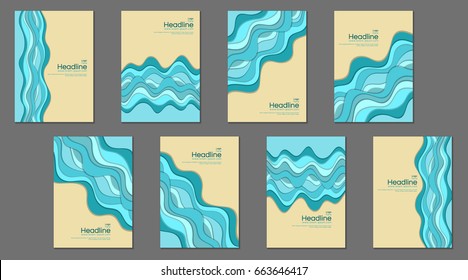 Curve lines, blue stripes. Vector background illustrations of abstract beach with sea waves and sand. Summer holidays vacation templates graphic design set. Flyer, poster, cover layouts collection.