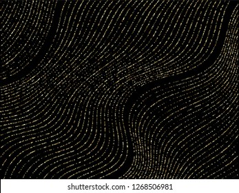Curve lines of multiple circle confetti on black. Luxury vector background with shiny stardust glitters.