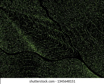 Curve lines of multiple circle confetti on black. Rich vector background with shiny stardust glitters. Holiday confetti dust curved lines. Abstract glitter flow pattern, glowing lights print.