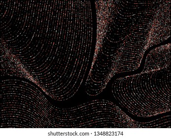 Curve lines of multiple circle confetti on black. Rich vector background with shiny stardust glitters. Magic confetti dust curves stripes. Luminous glitter flow pattern, glossy lights print.