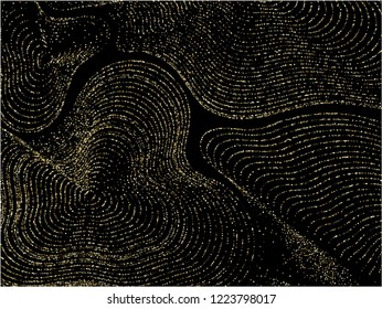 Curve lines of multiple circle dots scatter on black. Rich vector background with shiny stardust glitters. Shiny gold confetti dust curves stripes. Brilliant glitter flow pattern, glowing lights print