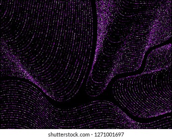 Curve lines of multiple circle dots scatter on black. Luxury vector background with shiny stardust glitters. Stylish confetti dust curves stripes. Abstract vector pattern, glowing lights design.