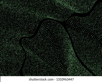 Curve lines of multiple circle dots scatter on black. Luxury vector background with shiny stardust glitters. Stylish confetti dust curves stripes. Brilliant glitter flow pattern, glowing lights print.