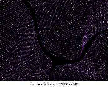 Curve lines of multiple circles confetti on black. Rich vector background with shiny stardust glitters. Holiday confetti dust curved lines. Abstract glitter flow pattern, glowing lights print.