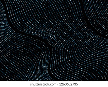 Curve lines of multiple circles confetti on black. Luxury vector background with shiny stardust glitters. Festive confetti dust curves stripes. Abstract glitter flow pattern, glowing lights design.