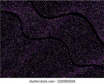 Curve lines of multiple circles scatter on black. Rich vector background with shiny stardust glitters. VIP confetti dust curves stripes. Christmas glitter flow pattern, glossy lights print.