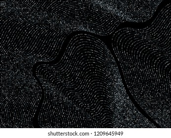 Curve lines of multiple circles scatter on black. Luxury vector background with shiny stardust glitters. Holiday confetti curved lines. Brilliant glitter flow pattern, glowing lights print.