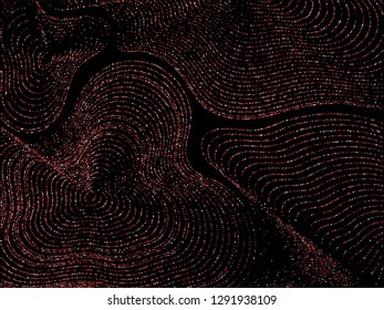 Curve lines of multiple circles scatter on black. Luxury vector background with shiny stardust glitters. Holiday confetti dust curves stripes. Sparkling glitter flow pattern, glowing lights print.