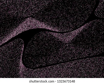 Curve lines of multiple circles scatter on black. Rich vector background with shiny stardust glitters. Holiday confetti curved lines. Brilliant glitter flow, pink gold glossy lights print.
