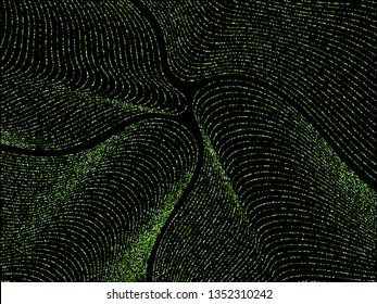 Curve lines of multiple circles scatter on black. Luxury vector background with shiny stardust glitters. Holiday green confetti dust curved lines. Brilliant glitter flow pattern, glowing lights print.