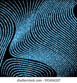 Curve lines of multiple colorful azure circles on black backdrop. Fashionable background with shiny blue round glitters. Abstract vector pattern, glowing night lights design. Holiday garlands pattern.