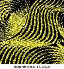 Curve lines of multiple colorful circles on black. Luxury background with shiny and glowing gold and yellow glitters. Holiday golden confetti curved abstract vector pattern, garland lights design. 