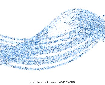 Curve lines of multiple cyan blue colorful circles on white. Luxury background with shiny azure round glitters. Holiday confetti curved lines. Abstract vector pattern, glowing lights design.