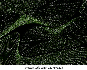 Curve lines of multiple dot confetti on black. Luxury vector background with shiny stardust glitters. Flowing confetti dust curves stripes. Abstract glitter flow pattern, glowing lights print.
