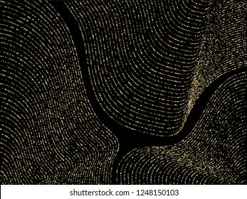 Curve lines of multiple dot confetti on black. Luxury vector background with shiny stardust glitters. Stylish confetti dust curves stripes. Golden glitter flow pattern, glowing lights design.