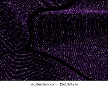 Curve lines of multiple dot confetti on black. Rich vector background with shiny stardust glitters. Holiday confetti dust curved lines. Luminous glitter flow pattern, glossy lights print.