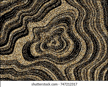 Curve lines of multiple gold color squares on black. Luxury background with shiny gold  rhombus glitters. Holiday confetti curved lines. Abstract vector pattern, glowing lights design.